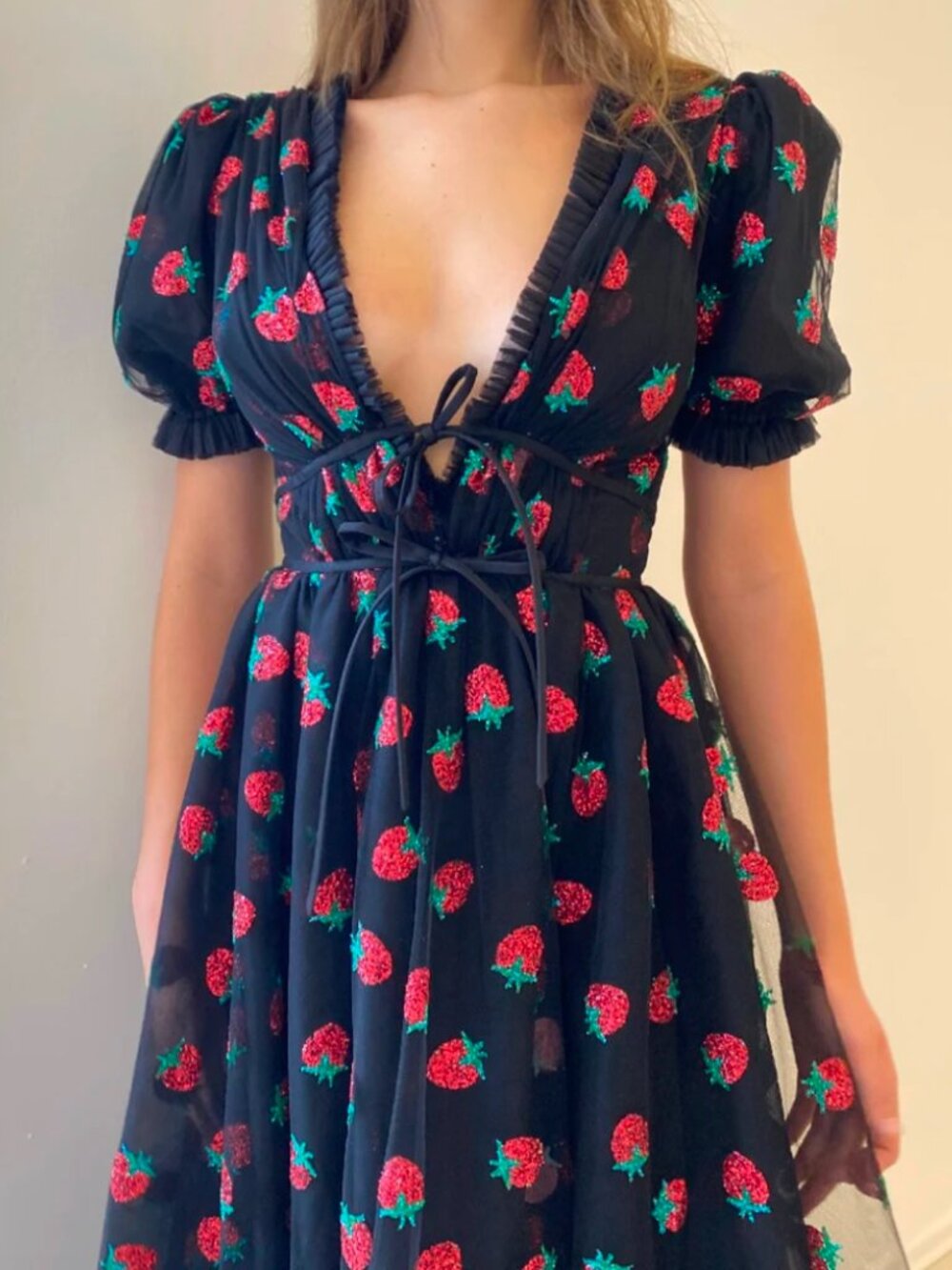Lirika Matoshi Black Strawberry Dress Tulle Puff Sleeve Midi Designer Rare
